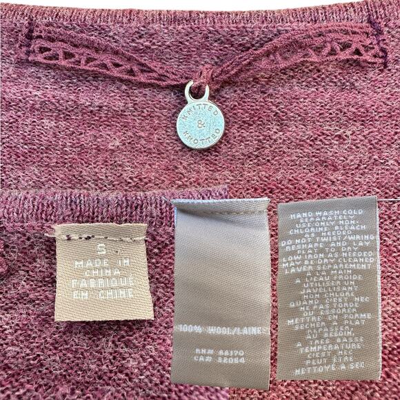 Knitted & Knotted Wool Ruffle Detail 3/4 Sleeve Sweater Top, Size S, Purple - Picture 12 of 13